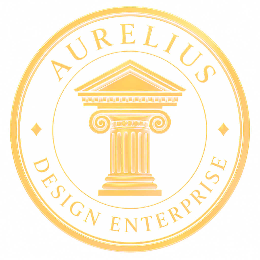 Aurelius Design Enterprise circular emblem featuring a classical column, representing design craftsmanship